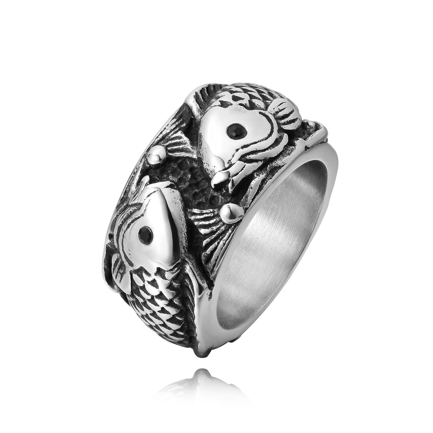 Double Koi Carp Relief Titanium Steel Ring for Men