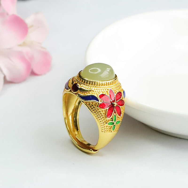 Vintage Floral Pattern Hetian Jade Ring