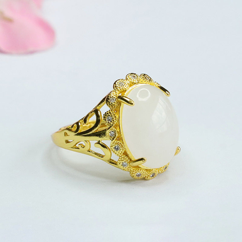 Exquisite Fortune's Favor Sterling Silver Ring with Oval White Hotan Jade and Zircon Petals