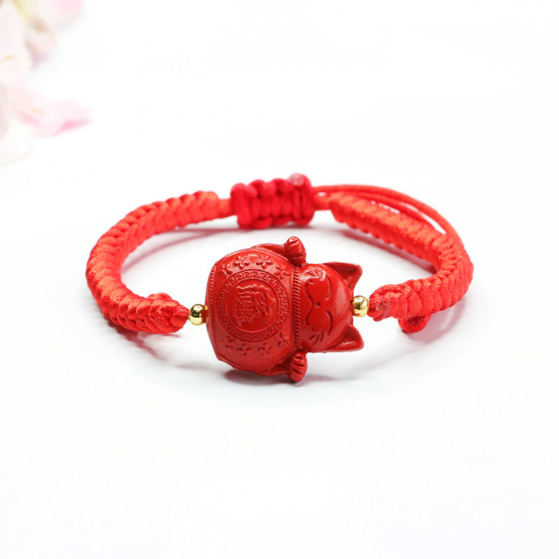 Fortune's Favor Cinnabar Red Sand Beckoning Cat Sterling Silver Bracelet