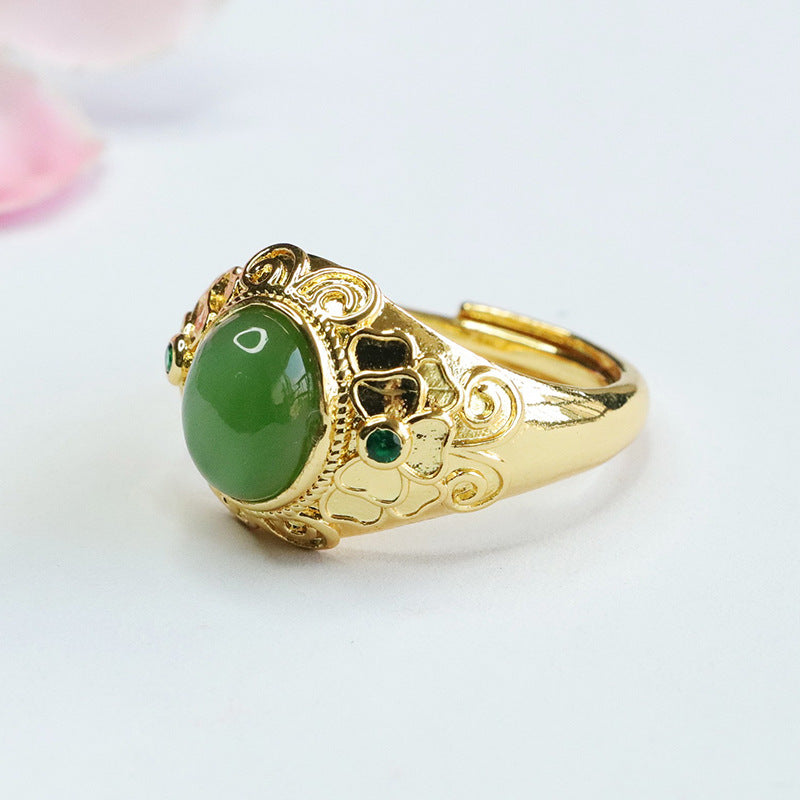 Elegant Hetian Jade Ring with Green Zircon Accents