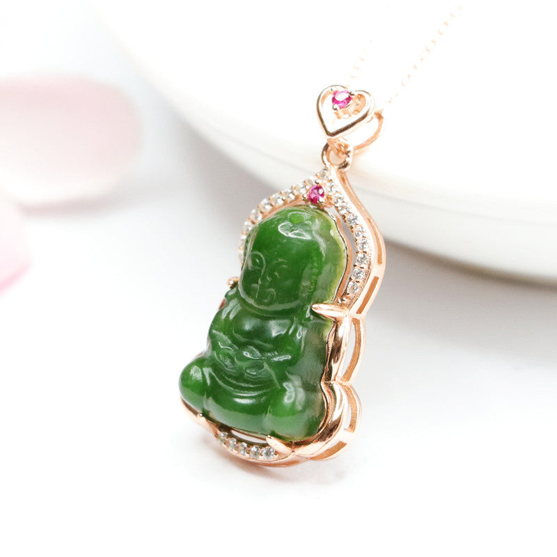 Sterling Silver Baby Buddha Necklace with Natural Hotan Jade Jasper