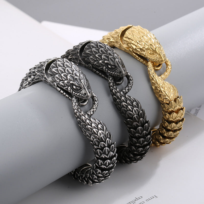 Punk-Style Snake Motif Titanium Steel Bracelet for Men - Retro European and American Design