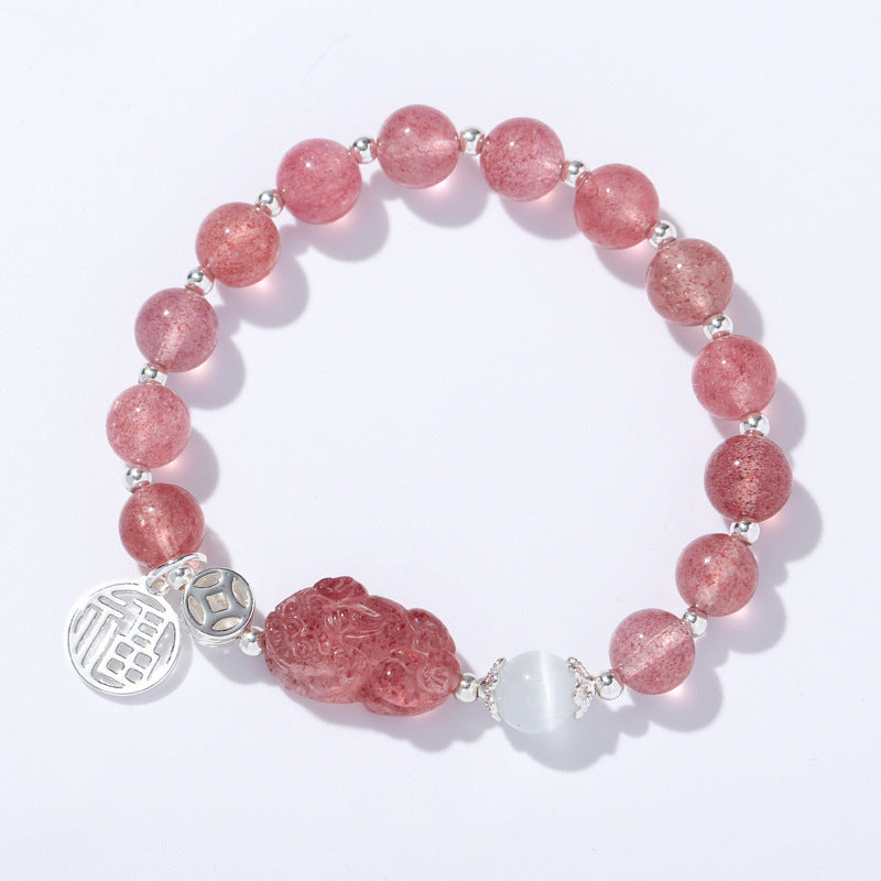 Luxurious Sterling Silver Pixiu Crystal Bracelet with Natural Strawberry Crystal Layers