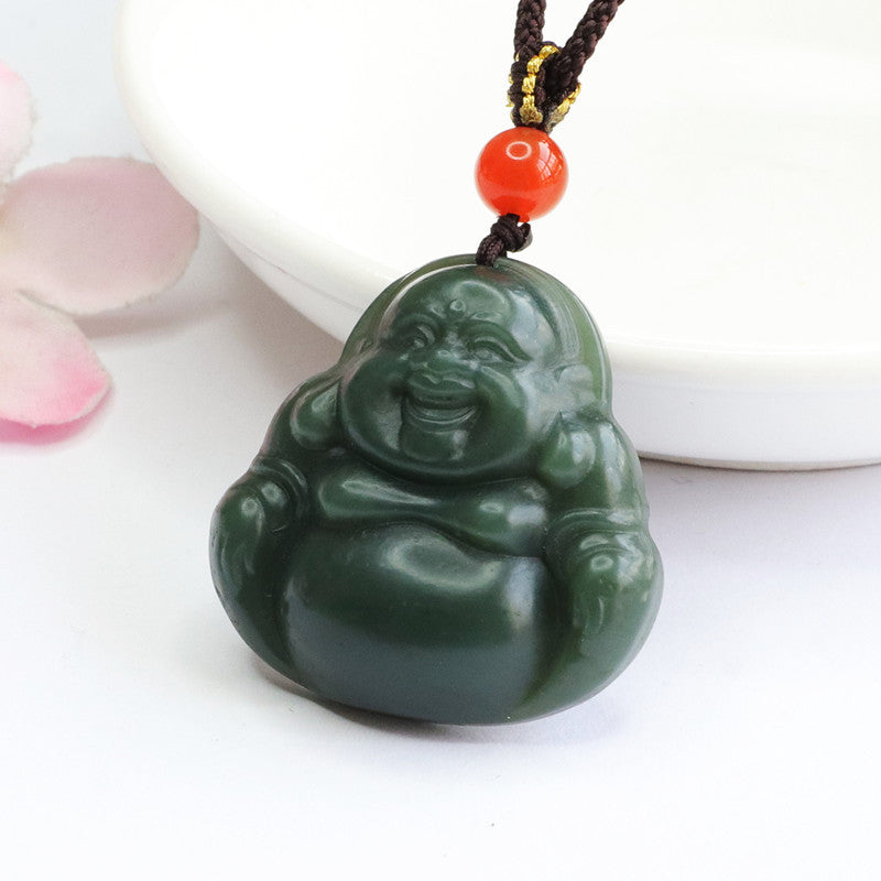 Buddha Pendant Necklace with Green Jade and Sterling Silver