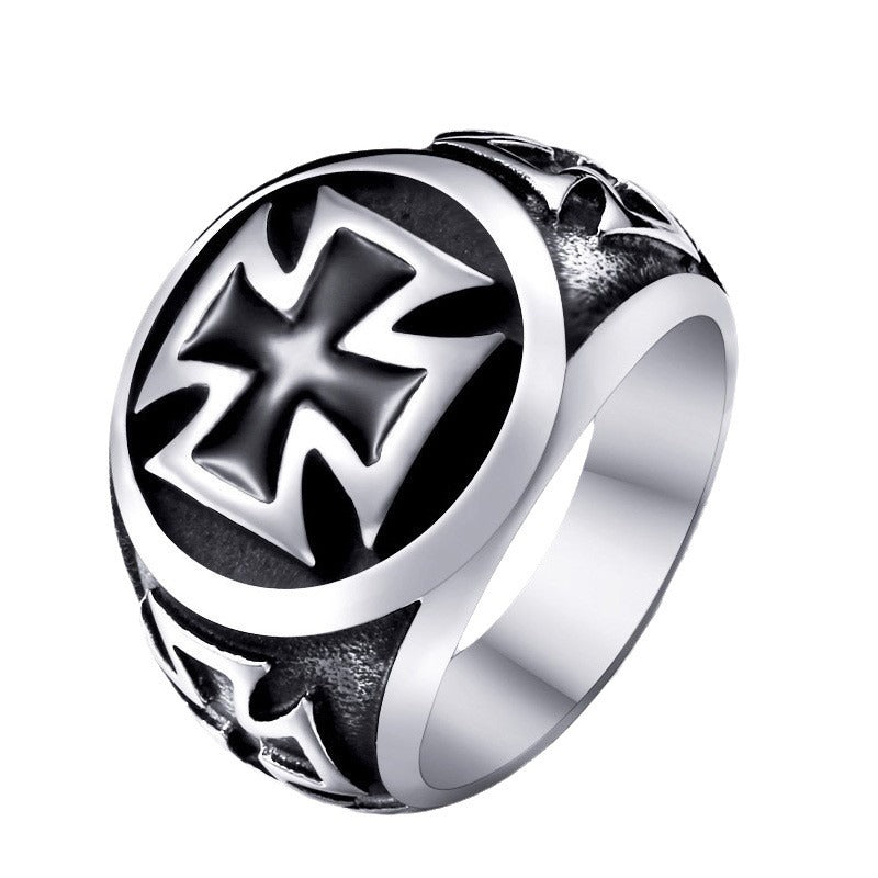 Titanium Steel Epoxy Ring for Men - Retro Cross Design, Stylish Stainless Steel Band for European and American Fashion