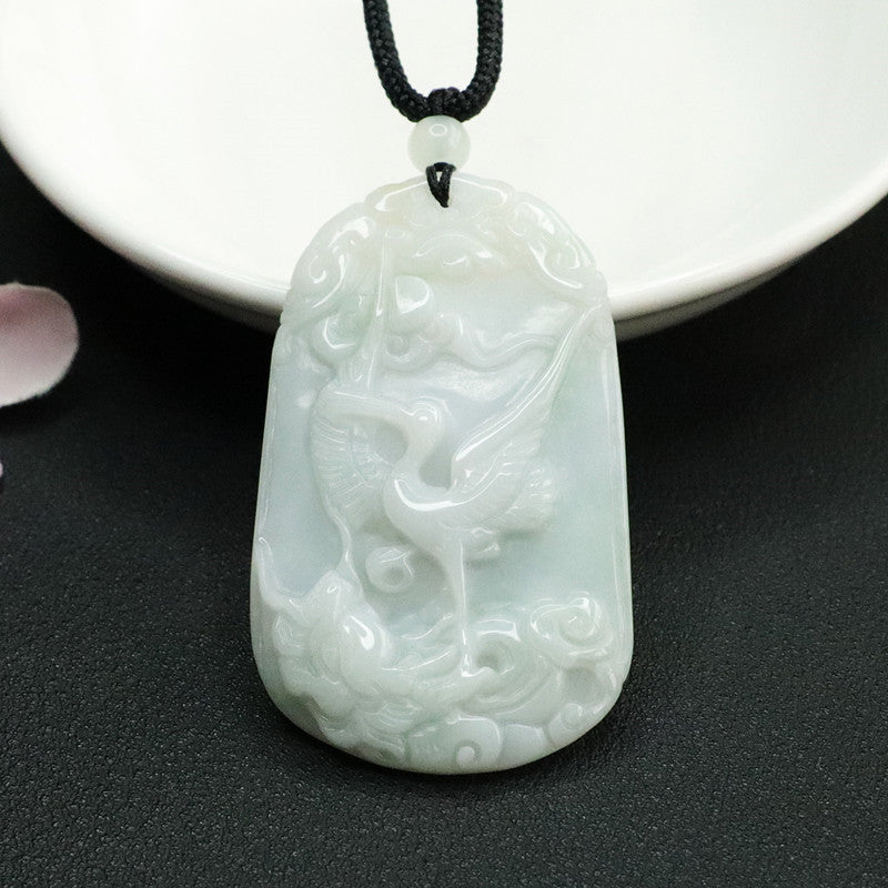 Jade Red-Crowned Crane Pendant with Auspicious Cloud Carving