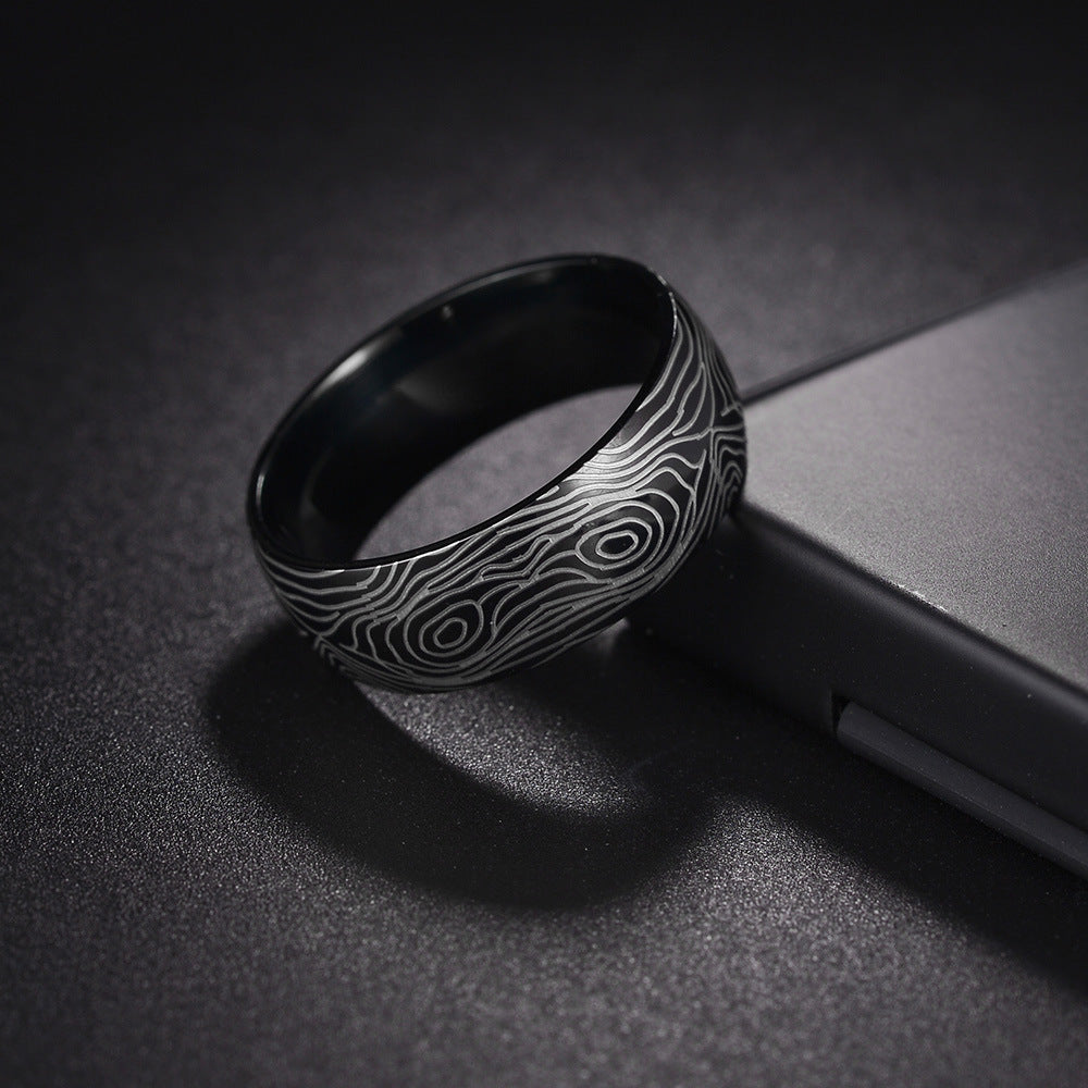 Titanium Steel Ring with Damascus Steel Design - Men's Spherical Ring