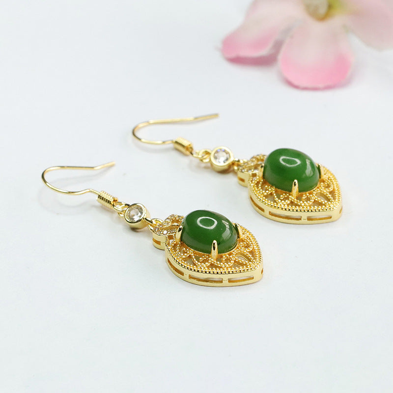 Green Jade Love Earrings with Sterling Silver Hooks