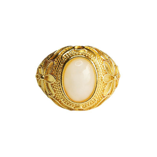 White Jade Flower Pattern Ring for Men's and Women's Luxury Jewelry