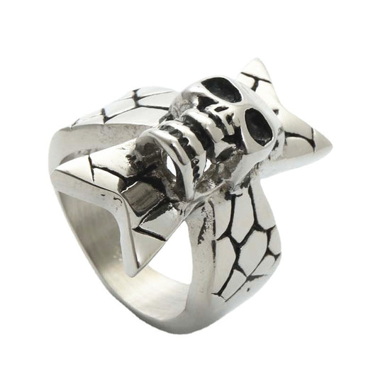 Titanium Steel Retro Cross Ring with Ghost Head Detail for Men - Edgy Punk Jewelry