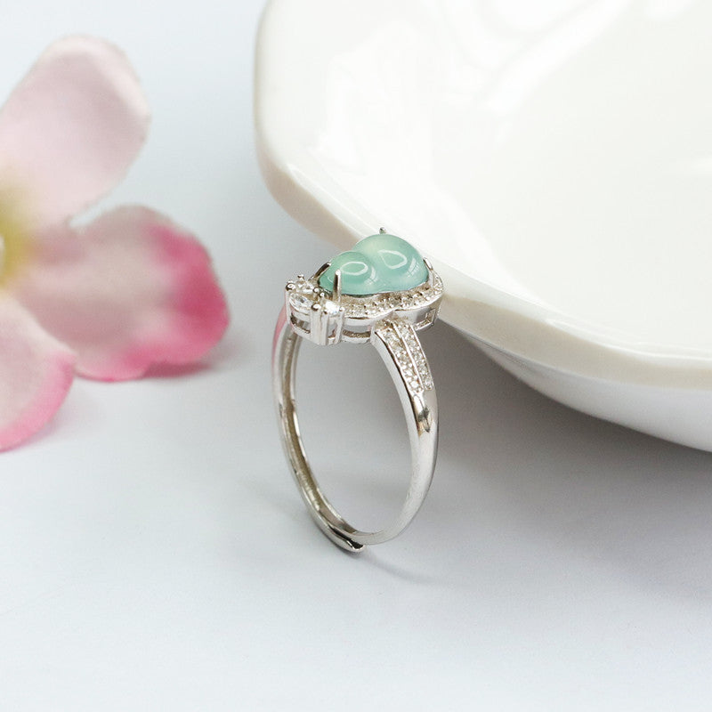 Sterling Silver Adjustable Ice Blue Green Jade Ring with Zircon Halo