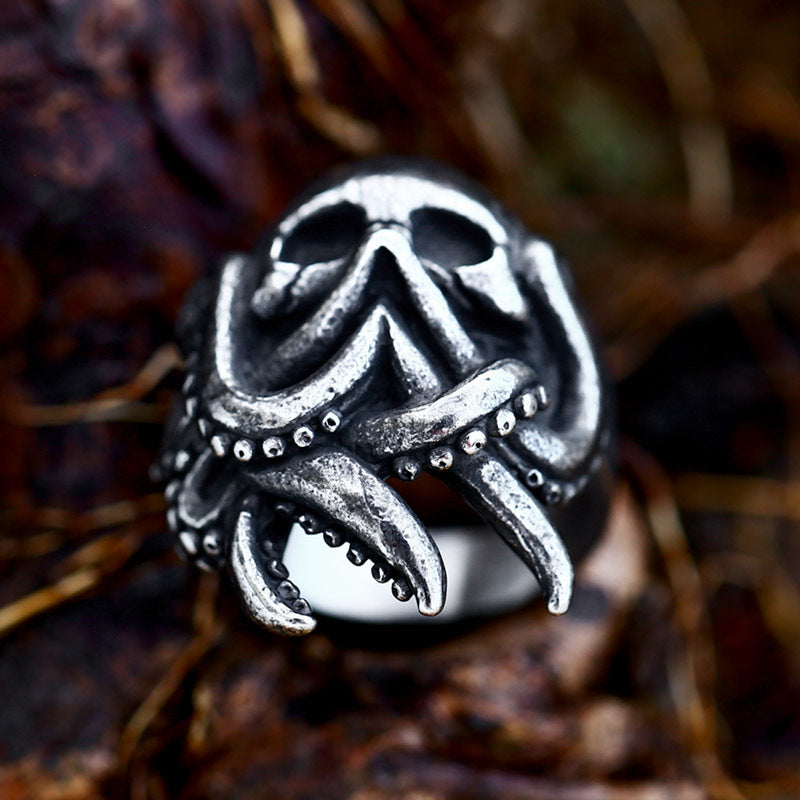 Titanium Steel Octopus Skull Ring - Hip-Hop Punk Style for Men, Wholesale Available