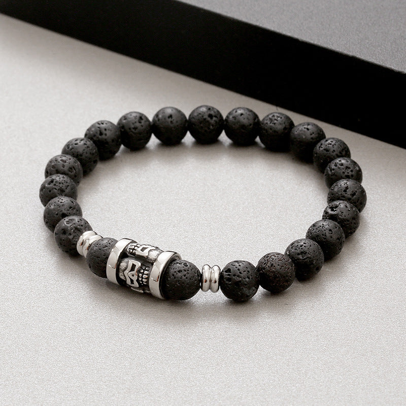 Men's Retro Tiger's Eye Agate Bead Bracelet with Titanium Steel Skull Accents