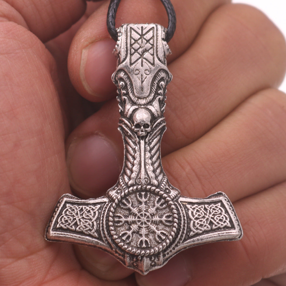 Viking Skull Thor Hammer Pendant with Compass Odin Totem Necklace