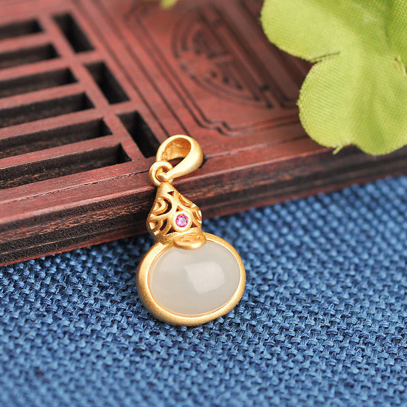 Blessed White Jade Gourd Pendant Necklace with Sterling Silver Chain