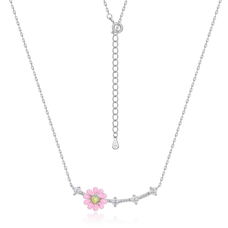 Sweet Pink Daisy Flower Colourful Zircon Sterling Silver Necklace