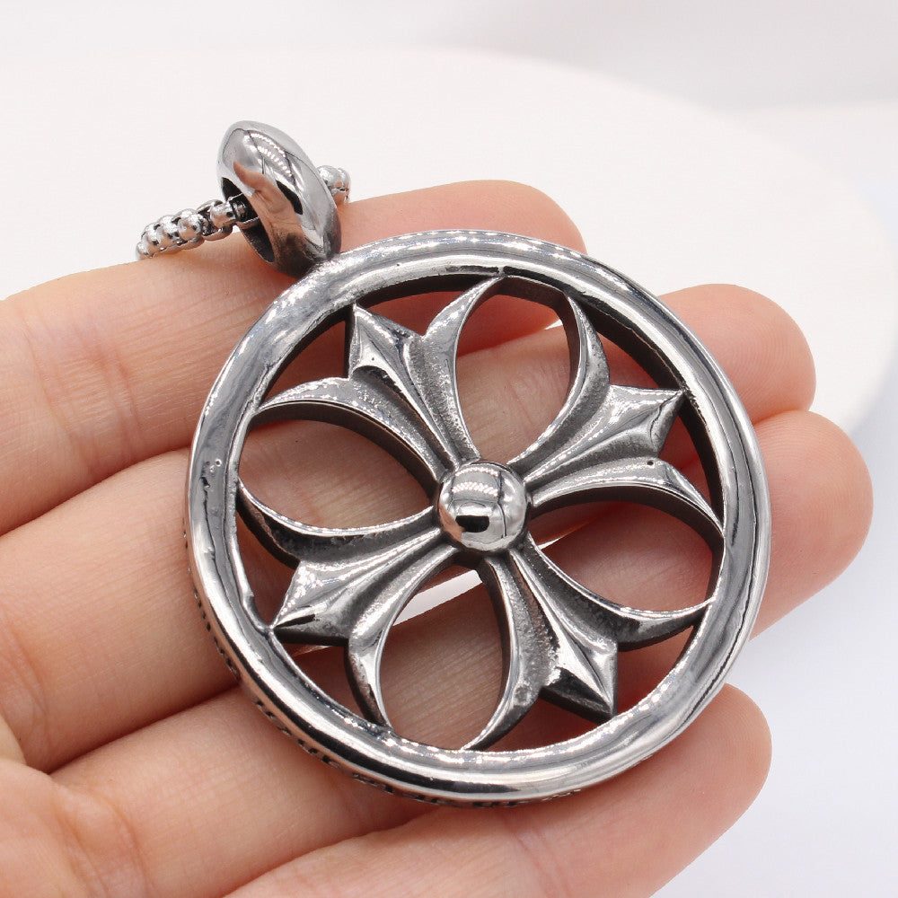 Cross Flower Hollow Round Titanium Steel Necklace for Men