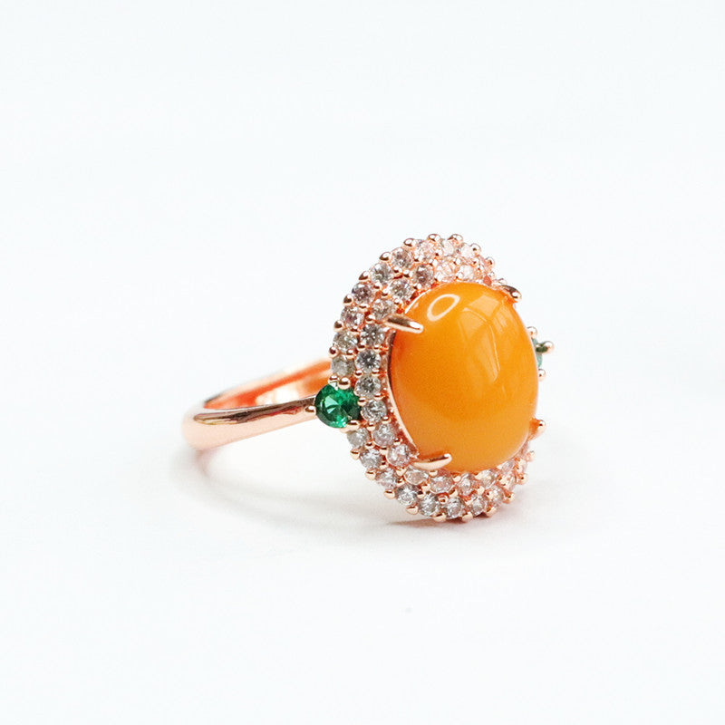 Vintage Russian Amber Ring with Green Zircon Halo