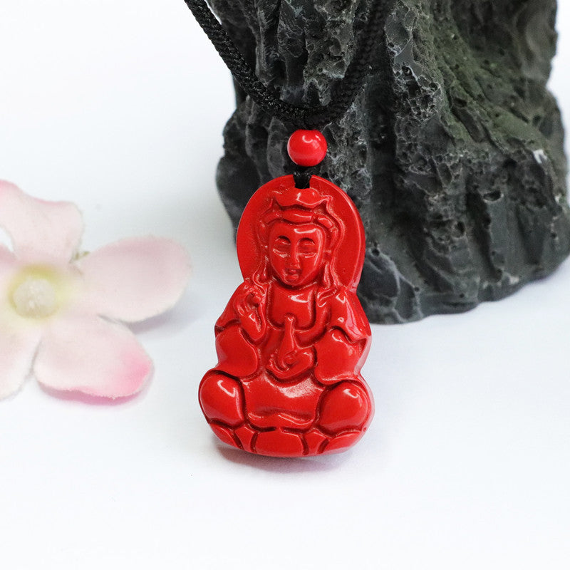 Vibrant Red Sand Guanyin Pendant for Good Fortune