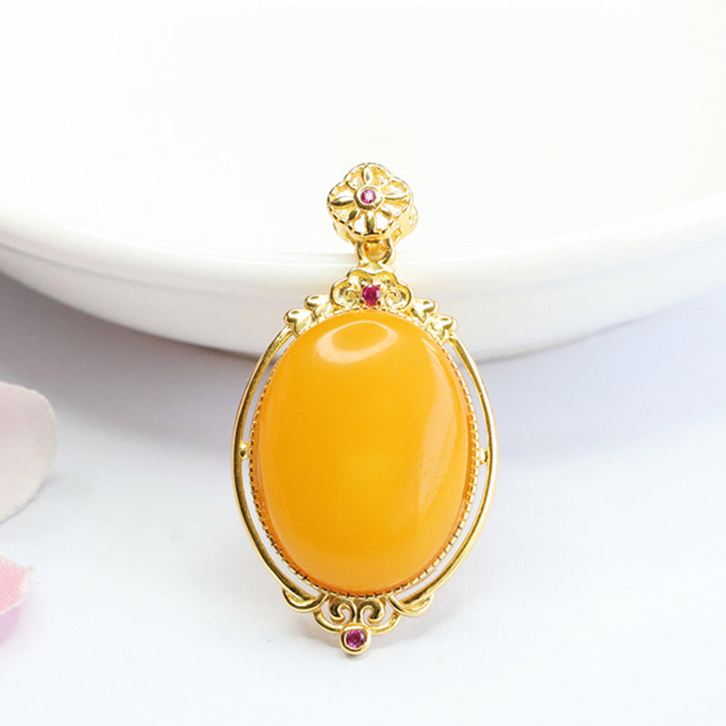 Golden Necklace with Genuine Beeswax Amber Pendant on 925 Sterling Silver Chain