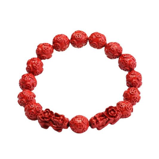 Red Sand and Cinnabar Pixiu Bracelet with Sterling Silver Beads