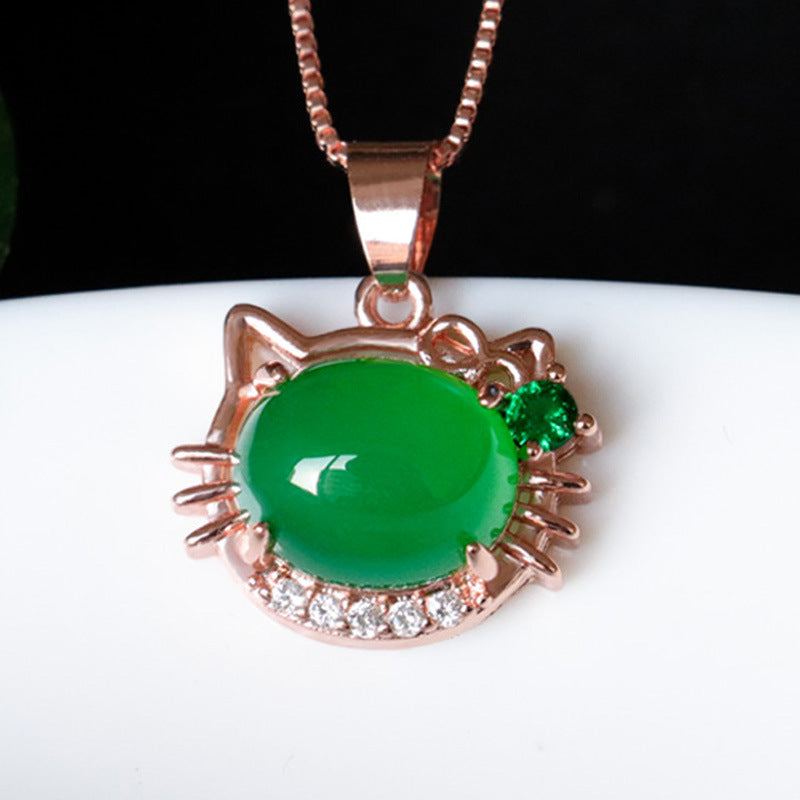 Green Chalcedony Zircon Rose Gold Cat Pendant with Ice Accents