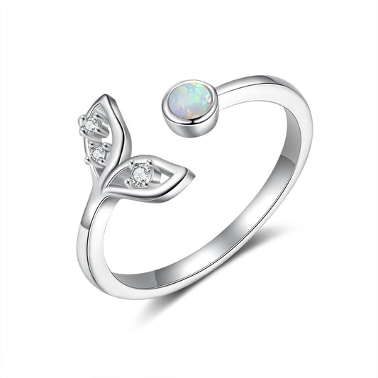 Round Opal Zircon Mermaid Tail Opening Sterling Silver Ring