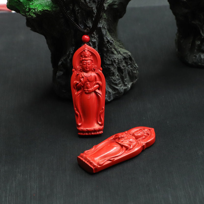 Red Cinnabar Guanyin Sterling Silver Pendant