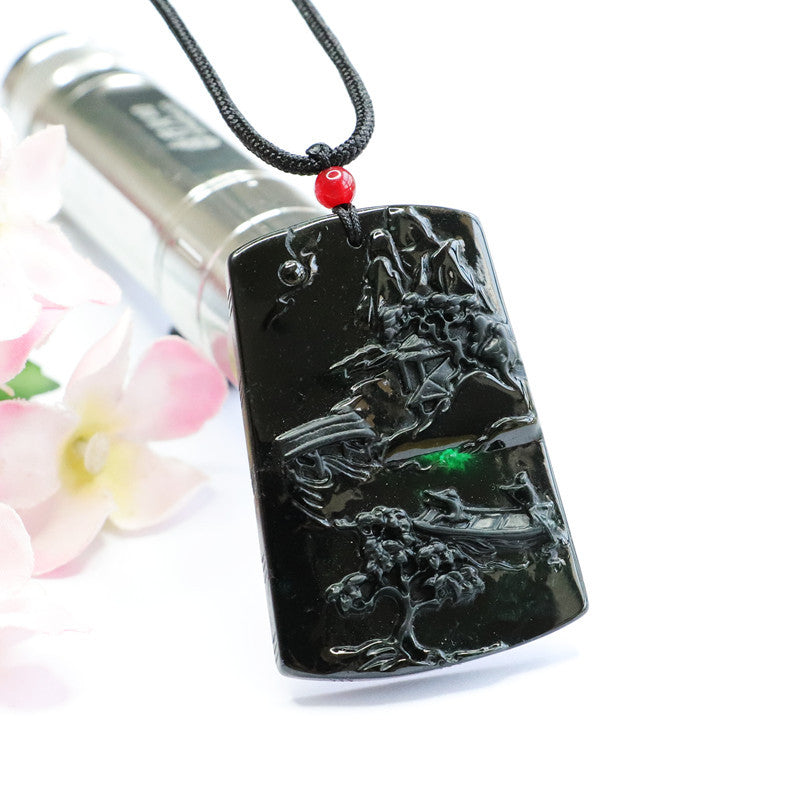 Green Jade Landscape Carved Rectangle Sterling Silver Pendant