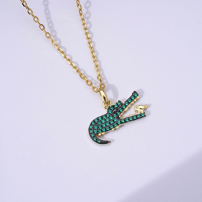 Green Zircon Crocodile Pendant Silver Necklace