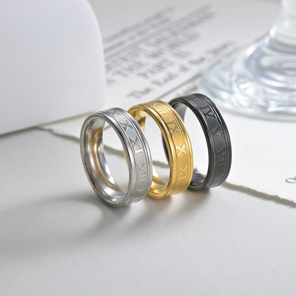 Planderful Collection: Everyday Genie Steel Ring with Roman Numerals for Stylish Couples