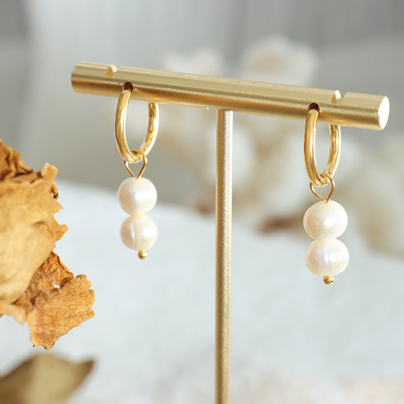 Elegant Geometric Freshwater Pearl Earrings with Gold-Plated Ring