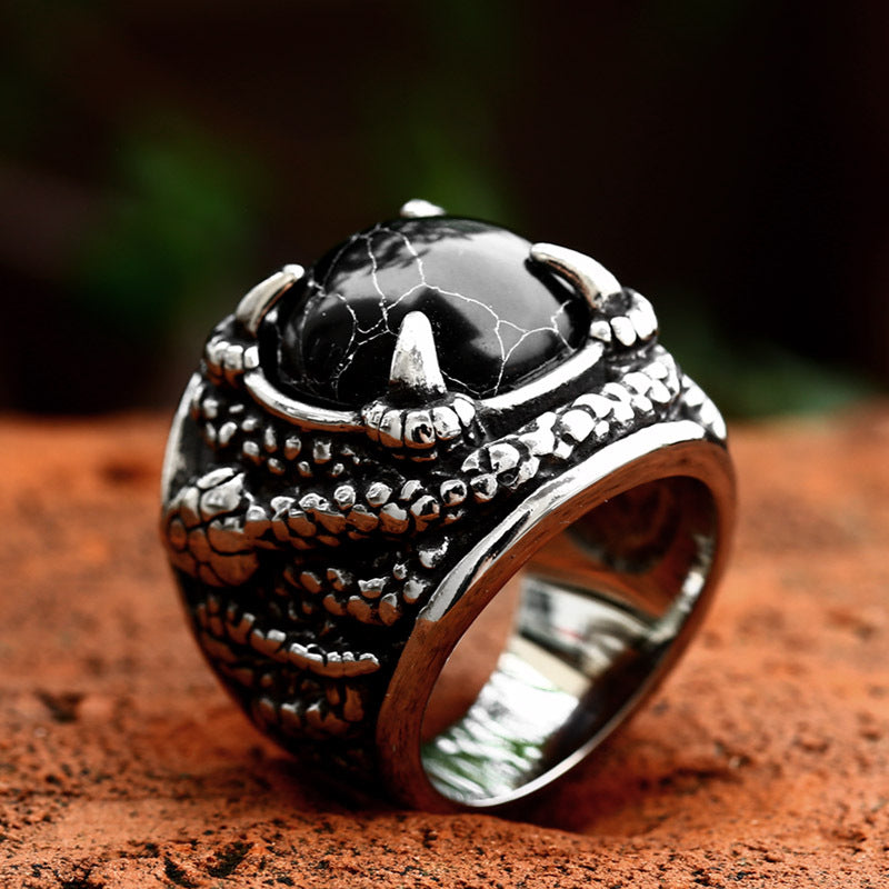 Retro-Inspired Titanium Steel Serpentine Ring with Black Turquoise Inlay for Men - European and American Design, Wholesale Available