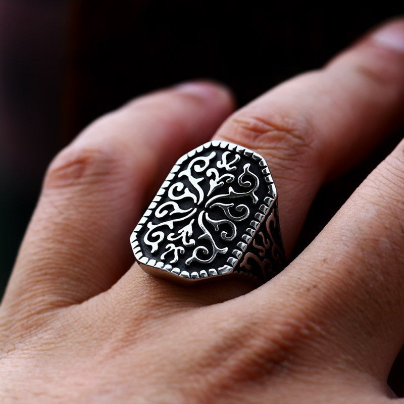 Wholesale Vintage-Inspired Men's Titanium Steel Ring with Fine Engraved Patterns - Cross-Border Stainless Steel Casting