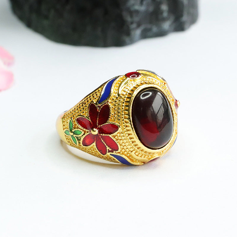 Blood Amber Flower Sterling Silver Ring