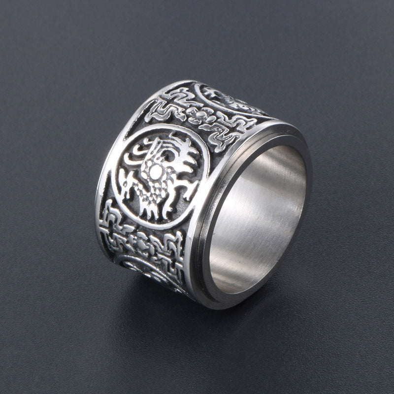 Trendy Men's Titanium Steel Ring with Rotatable Mythical Beasts Design - Unique Retro Style for Men