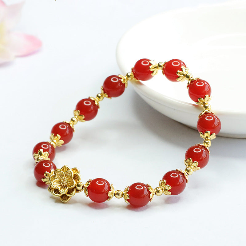 Golden Lotus Sterling Silver Red Agate Bracelet