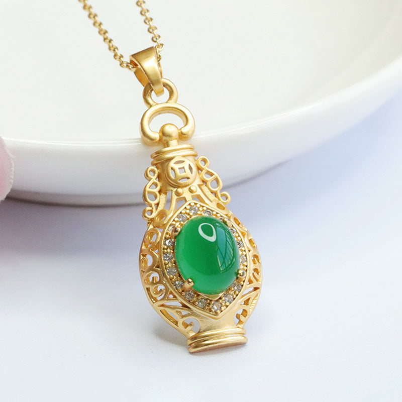 Imperial Green Chalcedony Vase Pendant Necklace with Ethnic Jewelry Design