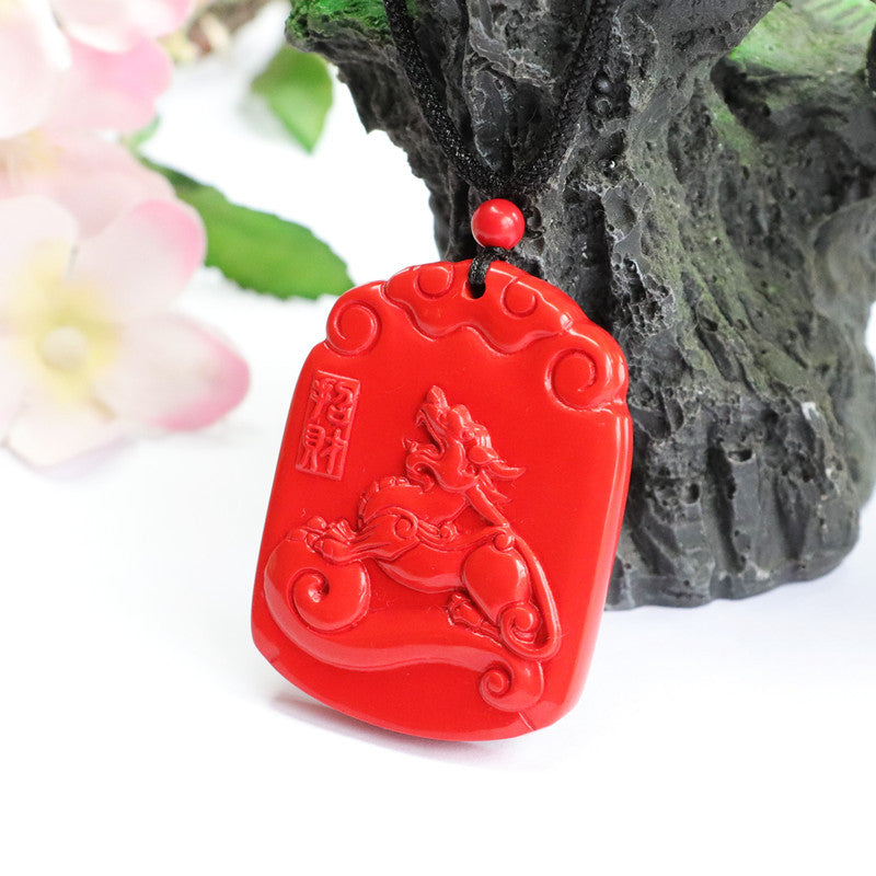 Red Sand Cinnabar Ruyi Unicorn Auspicious Cloud Sterling Silver Pendant