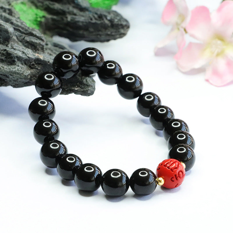 Black Agate and Cinnabar Red Sand Bead Bracelet with Six-character Proverb