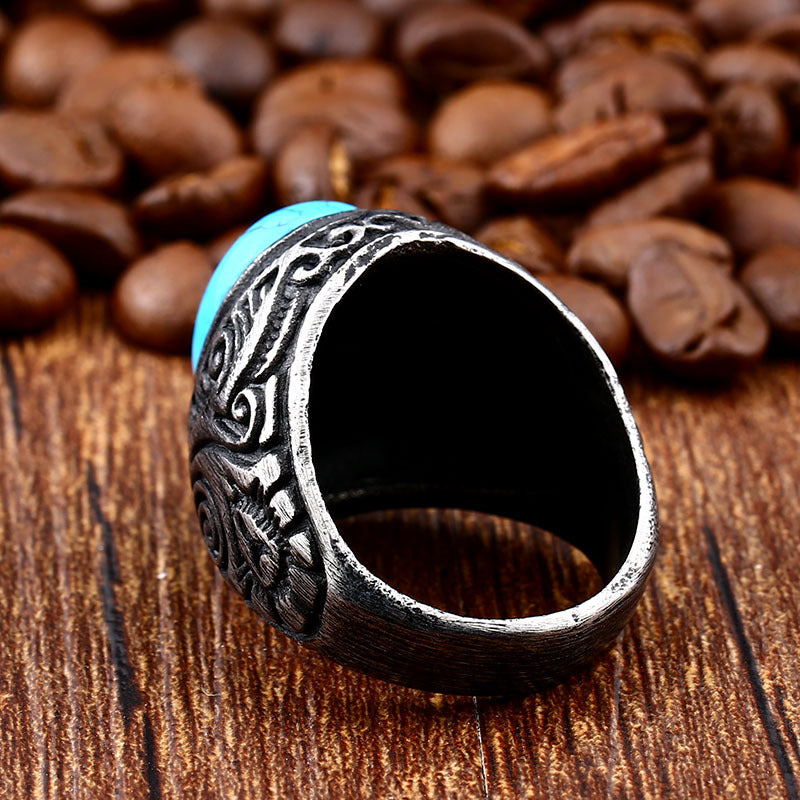 Stylish Engraved Titanium Steel Men's Ring with Vintage Gemstone Accent - Fashion Jewelry Wholesale