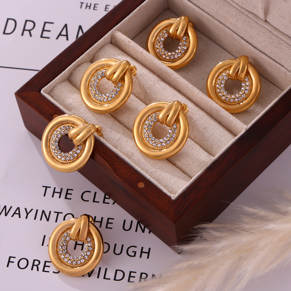 Dazzling Hollow Zircon Ring & Titanium Gold-Plated Earrings Set