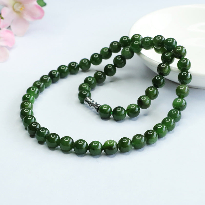 Natural Hetian Jade Necklace Jasper Beads Chain Russian Spinach Green