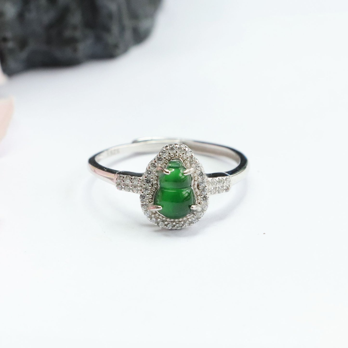 Sterling Silver Adjustable Imperial Green Jade Gourd Ring with Zircon Halo