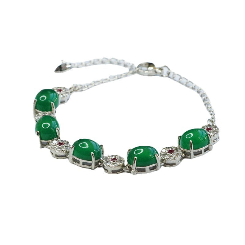 Sterling Silver Hand Chain Bracelet with Green Chalcedony