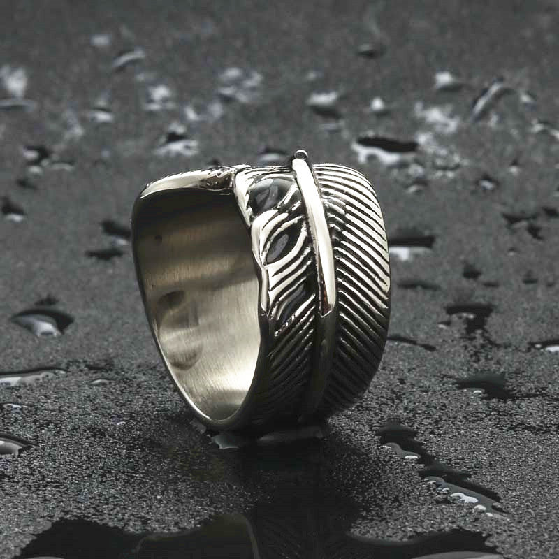 Titanium Steel Feather Ring for Men - Retro Punk Wing Design by Planderful