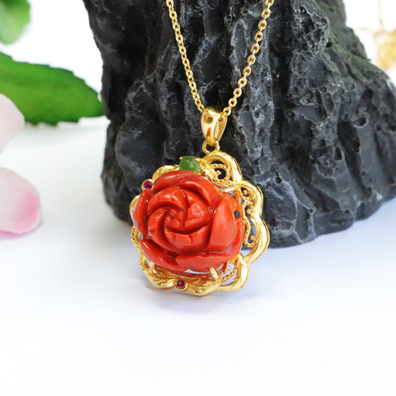 Southern Red Agate Peony Flower Necklace crafted in Sterling Silver