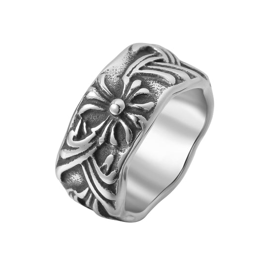 Cross Flower Wavy Titanium Steel Ring for Men