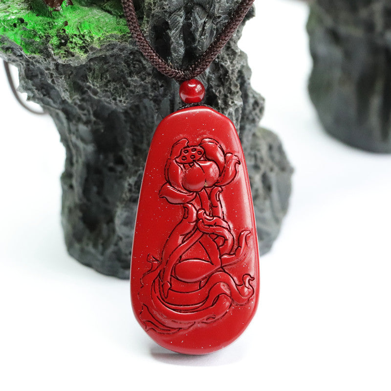 Fortune's Favor: Exquisite Cinnabar Pendant with Purple Gold Sand Lotus Buddha's Hand Design